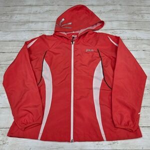 Fila Sport Windbreaker Women Large Red Hooded Full Zip Mesh Lined Jacket